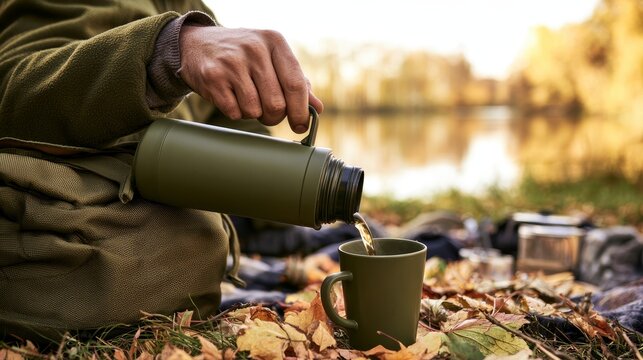 Young man pouring hot tea from a thermos at an autumn picnic, enjoying a warm outdoor moment surrounded by seasonal nature, relaxation, travel, camping, leisure, and cozy fall atmosphere