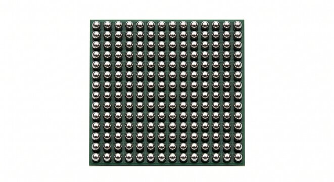 Macro of a BGA solder ball array on green substrate. Uniform grid of spherical tin-lead alloy contacts for microchip packaging, isolated on white.