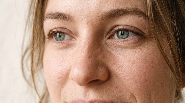 Close up portrait of a young woman suppressing a giggle and smiling with natural skin.