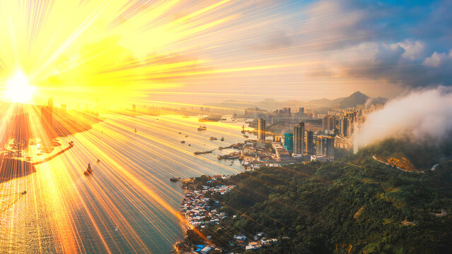 Dynamic 3D render of a vibrant Hong Kong city skyline at sunrise with motion blur