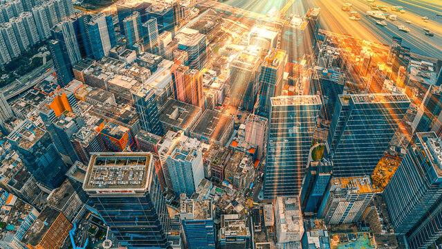 Dynamic 3D render of a vibrant Hong Kong cityscape with light trails