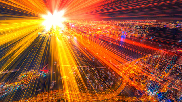 Vibrant 3D render of a fast-moving Hong Kong cityscape at night with light effects