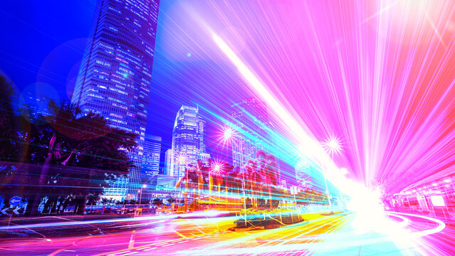 Dynamic 3D render of a fast-moving Hong Kong cityscape with bright light effects