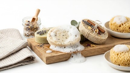Fototapeta premium Artisanal soaps with floral infusions and natural ingredients presented on a wooden board