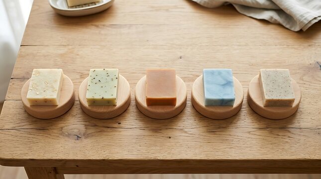 Assortment of artisanal soaps arranged on wooden coasters on a table