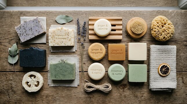 Assortment of natural soaps and bathing accessories arranged on rustic wood