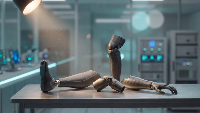 Prosthetic limbs, including an artificial leg, bionic arm, and hand, are meticulously displayed on a metal table under a bright spotlight within a cutting-edge medical research laboratory.