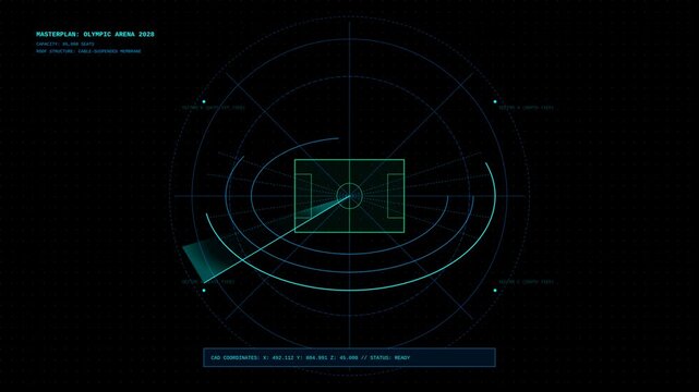 Futuristic Digital Arena Masterplan Holographic Radar Scan with Rotating User Interface Elements