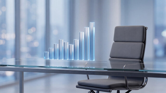 Business growth graph glowing digitally on a conference room table inside a modern corporate office building overlooking the city skyline.