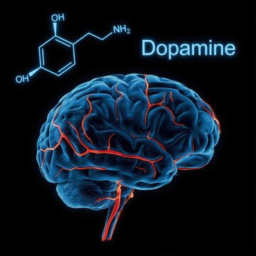 Anatomy model of human brain with chemical structure of dopamine molecule.