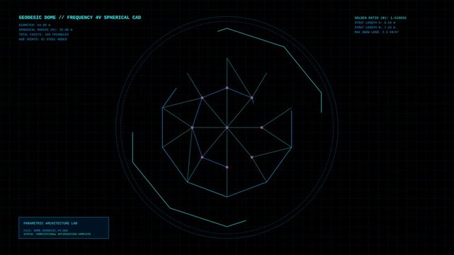Futuristic Parametric Geodesic Dome CAD Construction Blueprint Interface Animation Loop