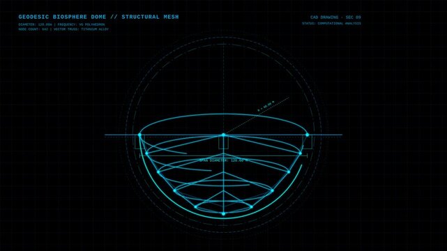 Futuristic Technical Drawing of a Geodesic Sphere Dome Structure Animation for Engineering Design