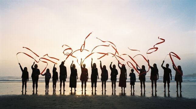 Silhouetted group of people raising glowing light sticks at dusk by the water