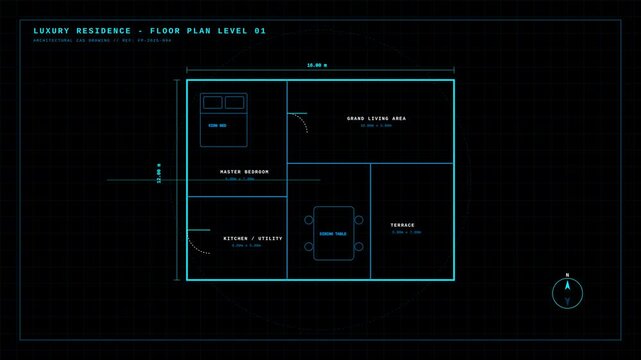 Minimalist Luxury Residence Floor Plan Animation on Digital Grid for Architectural Blueprint Design