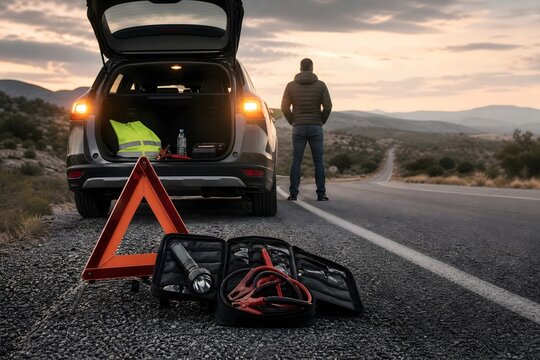 Driver with broken car using safety kit on empty rural road