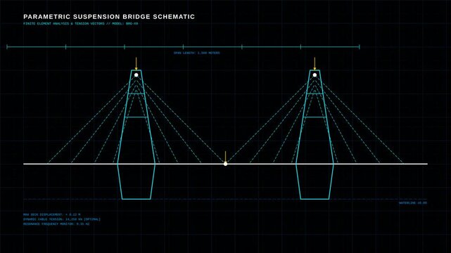 Parametric Suspension Bridge Schematic Analysis Blueprint with Technical Data Overlay