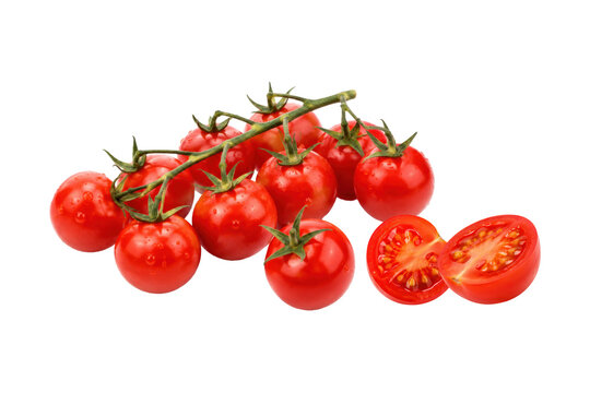 Fresh vine cherry tomatoes with water droplets and sliced tomato halves isolated on a clean white background.