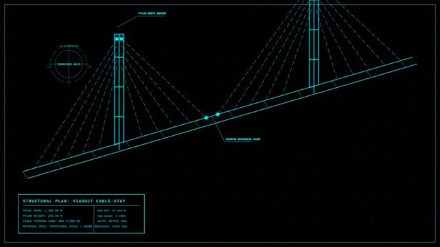 Technical Structural Plan Animation Showing Cable Stayed Viaduct Bridge Engineering Blueprint Design