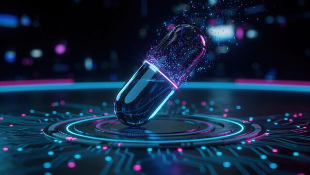 Futuristic medicine capsule dissolving on digital motherboard background for biotechnology concepts.