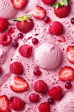Raspberry ice cream with fruit and creamy swirls creating a sweet dessert background