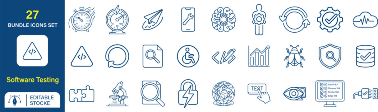Software Testing Vector Outline Icons Set &ndash; QA, Debugging, Test Automation, Bug Detection, Quality Assurance and Software Development Symbols