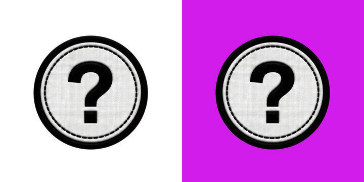 Embroidered circular patch featuring a black question mark