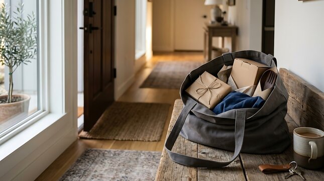 A canvas tote bag filled with books and personal items sitting in a bright sunlit home entryway