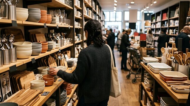 A woman browsing through a variety of kitchenware and home goods inside a brightly lit retail store