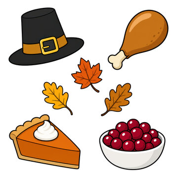 Happy thanksgiving icons set pilgrim hat turkey leg pie cranberries fall autumn leaves vector illustration isolated PNG with Transparent Background