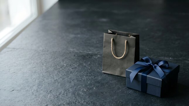 A black shopping bag and a gift box with a ribbon on a dark textured floor