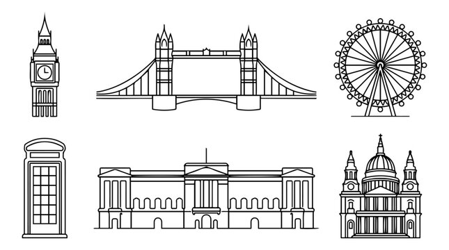London landmarks line art icon set, famous city architecture vector illustration