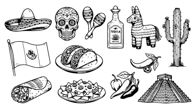 Mexican culture icons set, black and white hand-drawn vector illustration