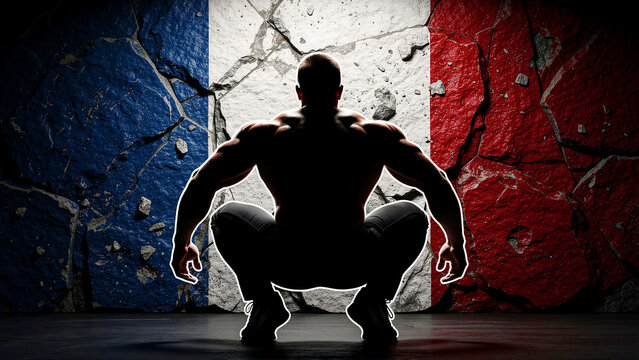 Muscular bodybuilder silhouette squatting before a cracked French flag wall. Back view of an athlete emphasizing strength against a tricolor texture. Patriotic fitness concept for sports marketing.