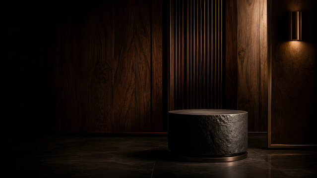 Premium men's grooming advertising scene featuring dark walnut architecture, charcoal stone, brushed bronze and warm cinematic lighting.
