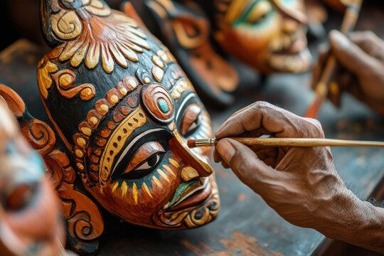 Craftsperson hand-painting traditional wooden masks in a workshop, preparing cultural decorations for a Dussehra festival