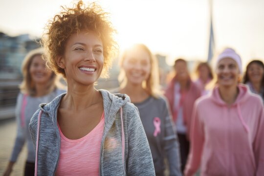 Women coming together at a breast cancer charity event, showing unity, support, and community spirit