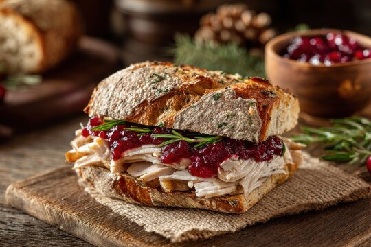 Thanksgiving leftover turkey sandwich served on a wooden table, representing a simple post-holiday meal