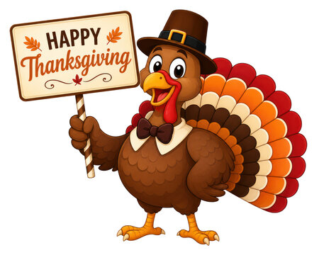 Cute cartoon thanksgiving turkey pilgrim hat holding happy thanksgiving sign board harvest holiday vector illustration isolated PNG with Transparent Background