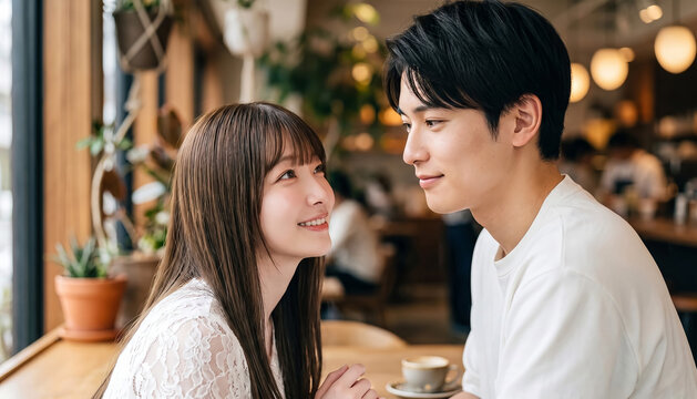 Young Asian couple in love sitting together inside a cozy cafe, gazing into each other eyes with a romantic and happy expression during a date