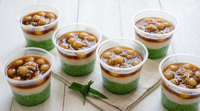 Indonesian kue jongkong, six clear cups of layered green pandan pudding topped with white coconut sauce, sweet glutinous rice candil balls, and brown palm sugar syrup on a white wooden table.