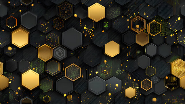 Geometric hexagonal pattern with gold accents dark background, creating modern and stylish