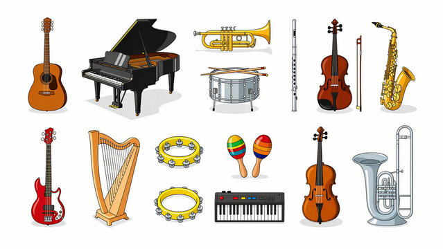 Collection of musical instruments on white. Set includes piano, guitar, and orchestral tools in cartoon style. Music education concept for posters and design.