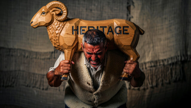 Man carrying a heavy wooden ram sculpture with heritage text on his shoulders. Mature artisan struggling under the weight of cultural legacy. Symbolic burden of preservation concept for history.