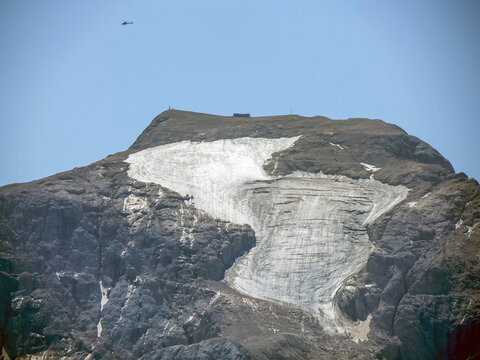 marmolada glacier melting in summer season