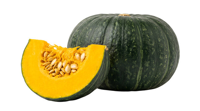 A whole dark green kabocha squash with a slice cut out, revealing its bright orange flesh and flat, cream-colored seeds inside, set against a plain white background featuring vegetable and yellow