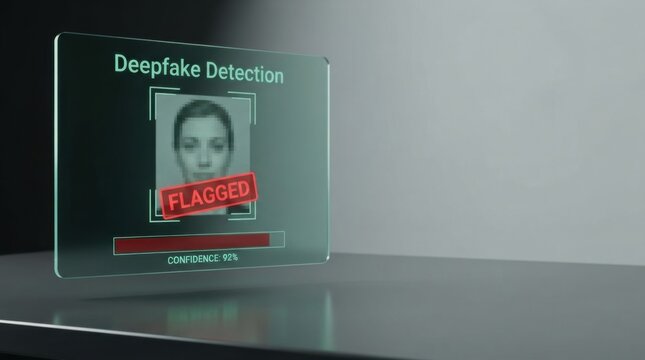 Deepfake Detection Flagged Face on Glass Panel With Confidence Bar