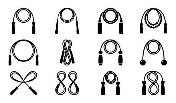 Jump rope fitness equipment silhouette icon set with coiled, twisted, weighted ball, bow tied, and figure eight symbols in solid black style