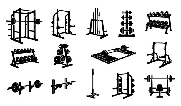 Weightlifting rack and bench silhouette icon set with power rack, dumbbell rack, wall mount barbell, squat stand, and bench press symbols in black