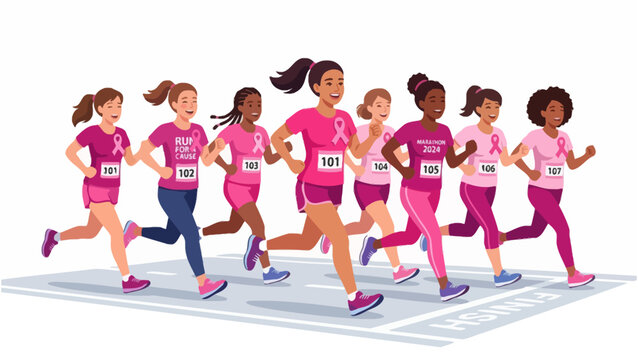 Diverse women running marathon for breast cancer awareness