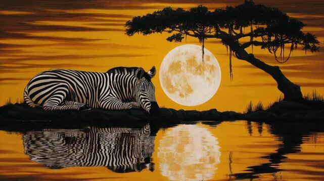 Painting depicts zebra resting by water, illuminated by a full moon and silhouetted tree